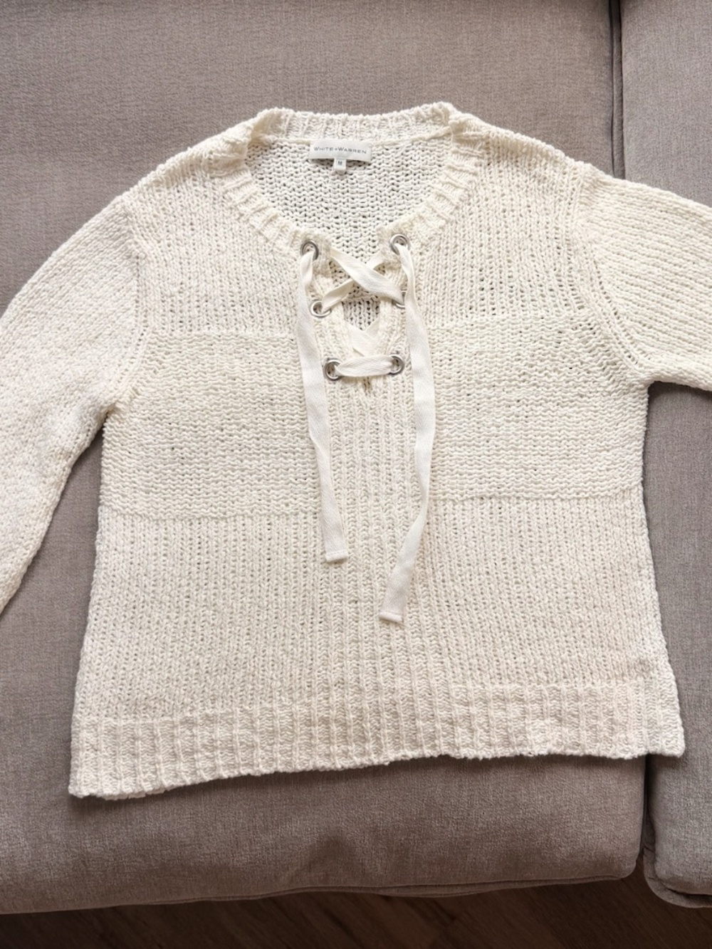 White + Warren Cotton Open Knit Lace-Up Sweater Ivory